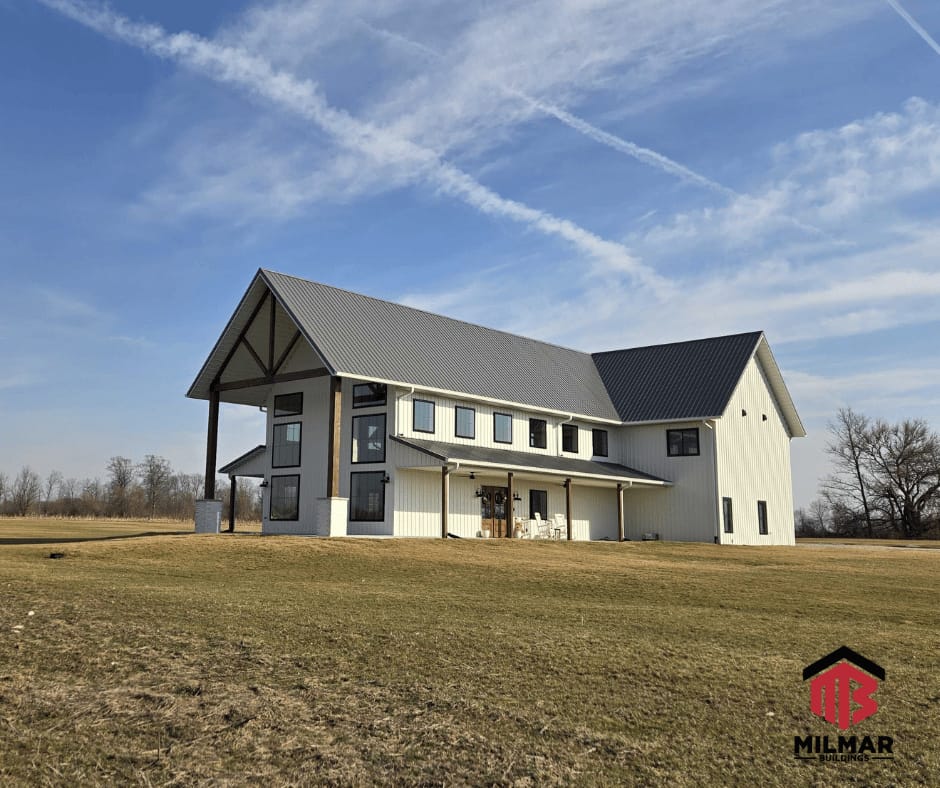 Finished barndominium home with full residential character, board and batten accents, and landscaping in Pendleton, Indiana